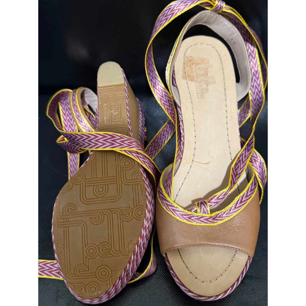 Belle by Sigerson Morrison Wedge Sandals Wrap Around Ankle Tie Open Toe 8.5 B‎